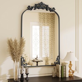 VooBang 26x38 inch Vintage Arched Bathroom Mirror - Gorgeous Wall Vanity Mirror with Beautiful Retro Top and Bottom Engraving Process Frame for Entryway Hallway Living Room, Black