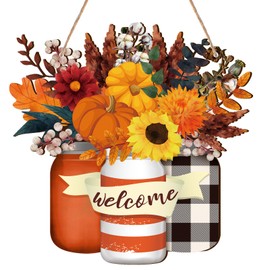 Spiareal Fall Decor Wood Fall Door Sign Pumpkin Thanksgiving Welcome Sign for Front Door Autumn Wooden Wreath Farmhouse Porch Decorations for Front Door Outdoor
