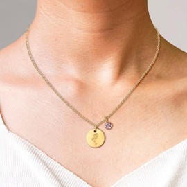 YeGieonr Birth Flower Pendant Necklace for Women, Stainless Steel Round Pendant with Cubic Zirconia, Tarnish-Free & Hypoallergenic Gift for Her, 45+5 Centimeters, Stainless Steel Cubic Zirconia, Cubic