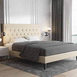 Allewie Full Size Button Tufted Platform Bed Frame / Fabric Upholstered Bed Frame with Adjustable Headboard / Wood Slat Support / Mattress Foundation / Beige (Full)