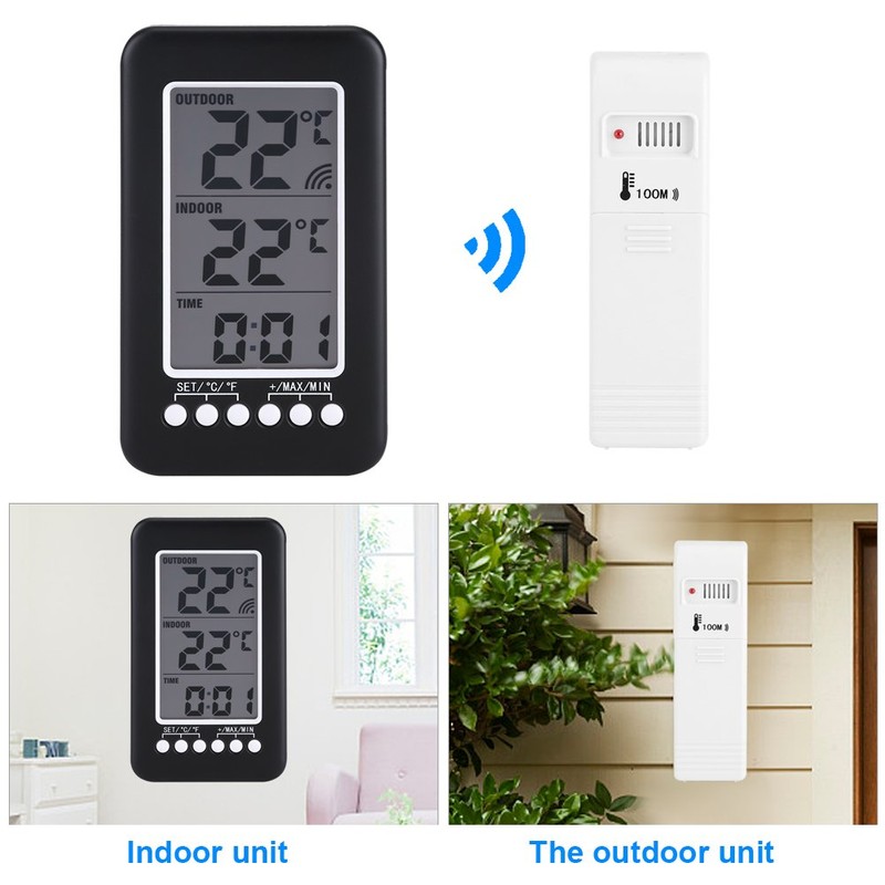 Fdit LCD Digital Thermometer Clock Wireless Temperature Meter Wireless Transmitter