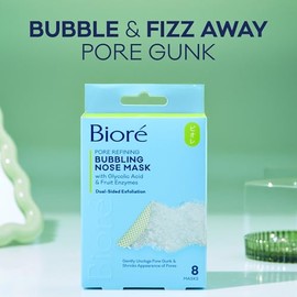 Bioré Mascarilla de nariz burbujeante para refinar poros, ácido glicólico y ácido hialurónico exfoliante para cara, mascarilla limpiadora de poros, 8 