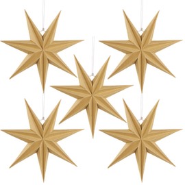 SUNBEAUTY Pack of 5 Paper Stars Decoration Set 30 cm Original Wooden Colour Folding Star Christmas Decoration 7 Points Paper Folding Stars Christmas Party Decoration for Wedding Birthday Table