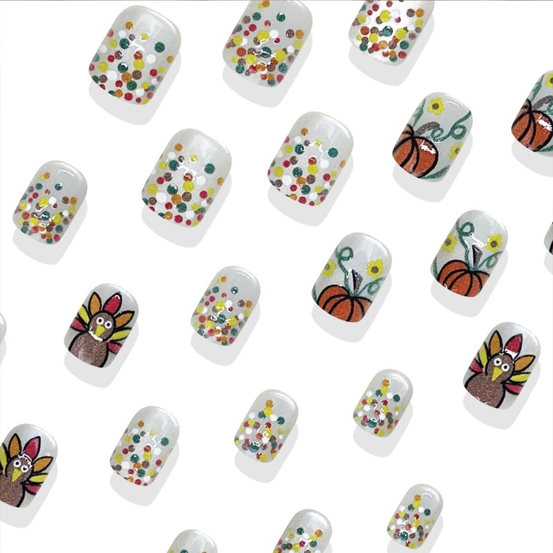 24pcs Fall Press on Nails Short Square Thanksgiving Day Fake