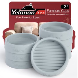 Yelanon Furniture Coasters 8-Pack - 2” Round Non-Slip Caster Cups, Rubber Floor Protectors for Hardwood Floors, Anti-Skid Grippers for Bed, Couch & Chair Legs - Gray