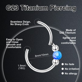 DHINCHANSAIB Titanium Nose Piercing Ring Nose Ring Piercing Ear Septum Piercing Helix Ring Nostril Tragus Conch Clicker Lip Piercing 18G 8 mm / 10 mm Hypoallergenic White Blue Pink Opal Nose Rings for