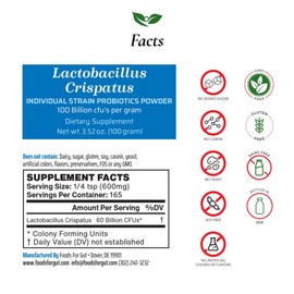 Foods For Gut Lactobacillus Crispatus Probiotic Powder 100 Billion cfu's | No Additives | Digestive & Immune Support | High Potency | L. Crispatus | (100 Gram)