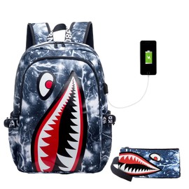 Qoapoctb Kids Backpack Shark Bookbags Boys Schoolbag Laptop Backpack With USB Lightweight Water Resistant White lightning