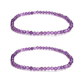JM Design 2 Pieces Per Bag 3mm Trendy Real Healing Amethyst Crystal Faceted Round Beads Beaded Elastic Bracelet 7.5'' Length for Women Men