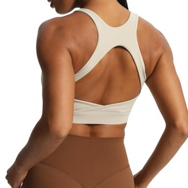 Aoxjox Women's Workout Sports Bras High Impact Fitness Backless Padded Training Gym Khloe Bra Yoga Crop Tank Top, Mink, Small
