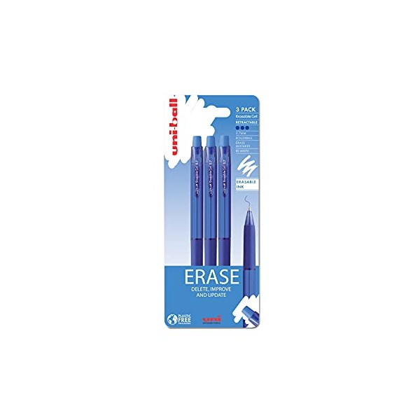 uni-ball URN-181-07 On Point Erasable Ballpoint Blue Gel Pens. Premium 0.7mm Rollerball Tip for Super Smooth Handwriting. Easy-Retract Eraser for Secure and Stable Rubbing Out. Pack of 3