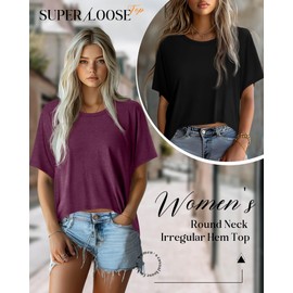 Huukeay 3 Pack Women's Oversized T Shirts Casual Half Short Sleeves Crop Tops Crew Neck Irregular Hem Baggy Cropped Tees(Fuchsia, Navy Blue, Black,M)
