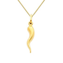 The World Jewelry Center 14k Real Yellow Gold Cornicello Italian Horn Pendant with 0.65mm Box Link Chain Necklace - 22"