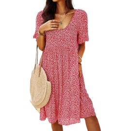 Red L Summer Dresses for Women 2025 Boho Ditsy Floral A Line Flowy Midi Sundress Short Sleeve Scoop Neck Casual Loose Short Dresses