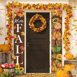 OTTPOOM Fall Decorations Fall Harvest Scarecrow Porch Banner Sign Autumn Thanksgiving Front Door Decorations Fall Harvest Pumpkin Banner for Outdoor Indoor, 12 x 71 Inch
