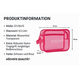 BERZONTI Transparenter XL Kulturbeutel – Kosmetiktasche mit Reißverschluss & Tragegriff aus Nylon – Wasserfest, Unisex, ideal für Urlaub, Reisen, Camping, Sport & Alltag (Rosa)