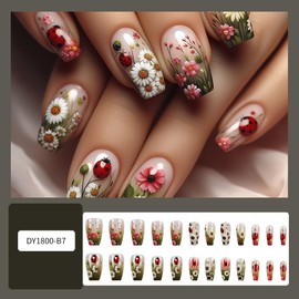 Flower Press on Nails Medium Coffin Daisy Fake Nails Full Cover with Flower Sea Ladybug Ballet Shape Designs Cute Glue on Nails Acrylic Gel Press on Nails Kits Reusable Stick on Nails for Women 24PCS