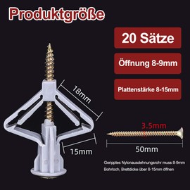 Plasterboard Dowels, Cavity Dowels with Screws, Pack of 20 Screws and Butterfly Cavity Dowels, Self-Drilling Plasterboard Dowels, Drywall Dowels for Easy Installation in Plasterboard and Plasterboard