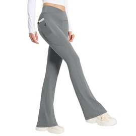 baleaf Women's Flare Leggings with Zipper Pockets Crossover High Waist Bootcut Yoga Pants Tummy Control Bell Bottom Leggings Dark Grey L
