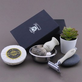 Haryali London Shaving Kit – 4 Pc Shaving Kit – Double Edge Safety Razor - Super Badger Shaving Brush – Shaving Soap – Shaving Bowl – Shaving Set as Gift – White Color Safety Razor Set