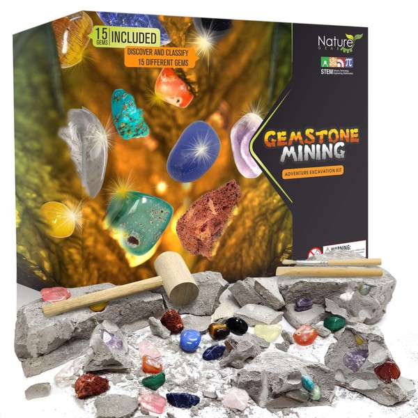Gemstone Dig Kit for Kids 4-10: STEM Science Exploration, Discover Learn with Gem Guide, Crystal Excavation, National Geographic Rock Fossil Collection, Educational Toy Adventure Tools Set Ages 5-8