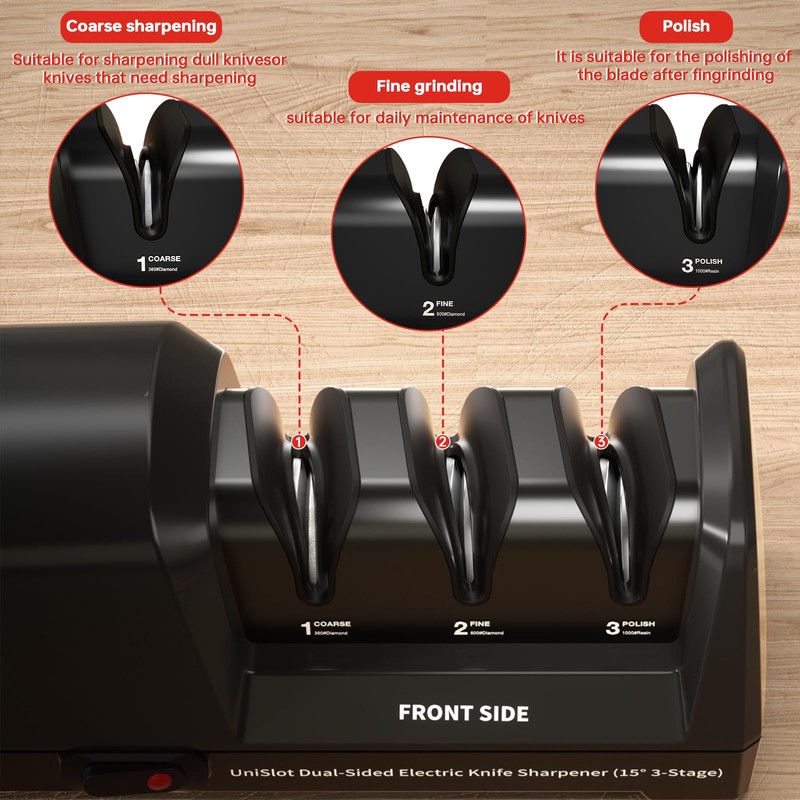 Electric Knife Sharpener, Dual-Sided 3-Stage Sharpener with Diamond Abrasives &