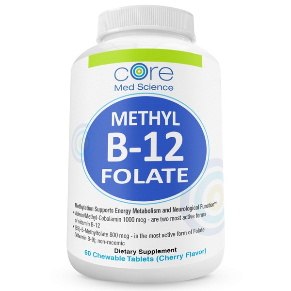 Active Methyl B-12 Folate by Core Med Science - 1000mcg B-12 and 800mcg Methyl Folate - 60 Lozenges - Vitamin B Supplement - Made in USA