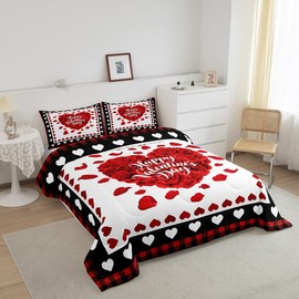 Homewish Red Heart Comforter Set King Size Valentine's Day Gifts Bedding Set Rose Petal Floral Quilt Set 3pcs for Women Men Adults Couple Room Decor Black Grid Stripes Duvet Insert,2 Pillowcases