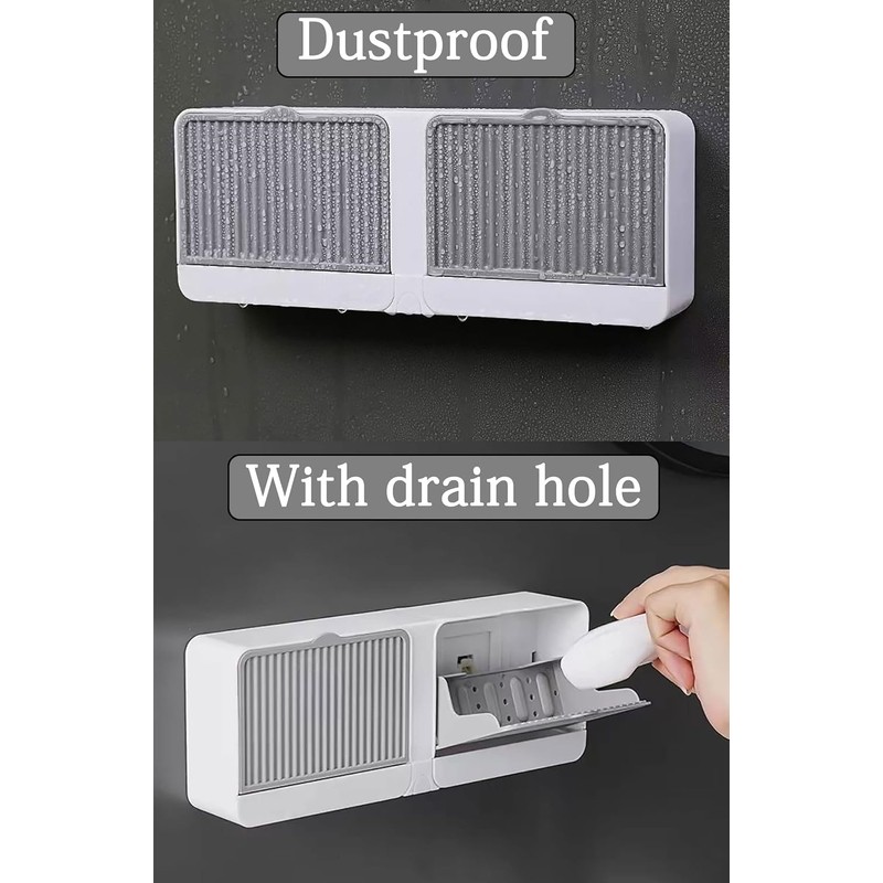 2-in-1 Wall Mounted Soap Dish,Soap Holder with Hooks, No Drilling