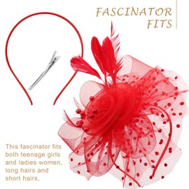 DRESHOW Fascinators Hat for Women Veil Mesh Tea Party Hat Headwear Feather Derby Hat Pillbox Hat and Gloves Pearl Jewelry Set for Cocktail 1920s Party