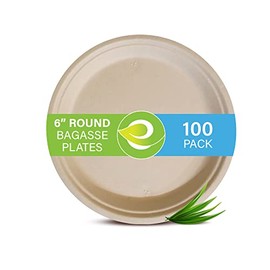 ECO SOUL 100% Compostable, Disposable Bagasse Paper Plates | Heavy-Duty Eco-friendly Dinner Plates | Sturdy, Microwave & Oven Safe | Party, Wedding, Event Plates (100 Count, 6" Round Plates)