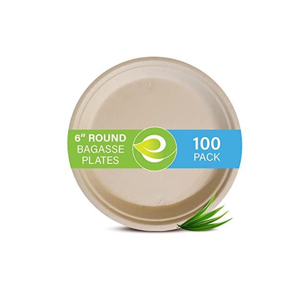 ECO SOUL 100% Compostable, Disposable Bagasse Paper Plates | Heavy-Duty Eco-friendly Dinner Plates | Sturdy, Microwave & Oven Safe | Party, Wedding, Event Plates (100 Count, 6" Round Plates)