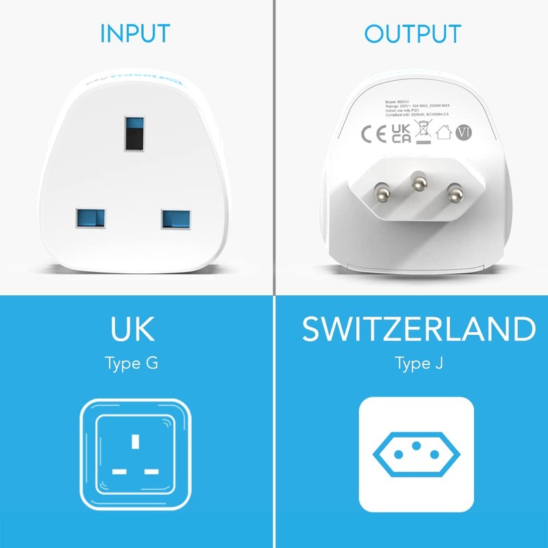 UK To Switzerland Plug Adapter | MyTravelPal® Switzerland Travel Adaptor