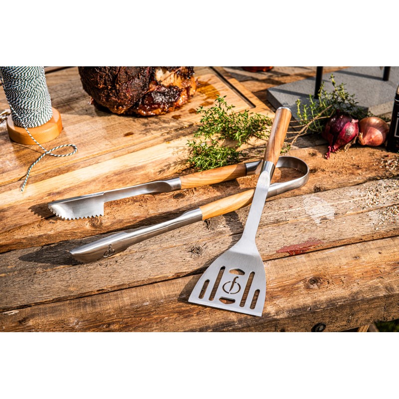 Forged BBQ Spatula, Spatula, for Turning and Serving, Olive Wood