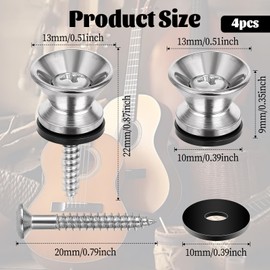 BOHUIZ 4 Pcs Guitar Strap Buttons, Silver Metal Guitar Strap Lock Buttons Mushroom Head Button for Bass Ukulele