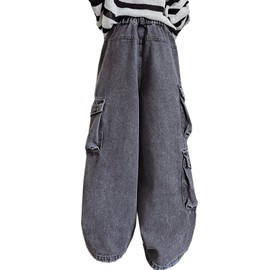 Bolknokin Girls Baggy Cargo Jeans Y2K Kids Wide Leg Hip Hop Loose Casual Trousers Size 6-14 Years(Black,13-14 Years)