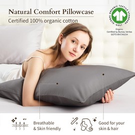Warmstar 100% Organic Cotton Pillow Cases Set of 2, Pillow Cases Standard Size Satin Weave Soft Hypoallergenic GOTS Certified Pillowcases Breathable Envelope Pillowcass,20x26 Inches,Dark Grey