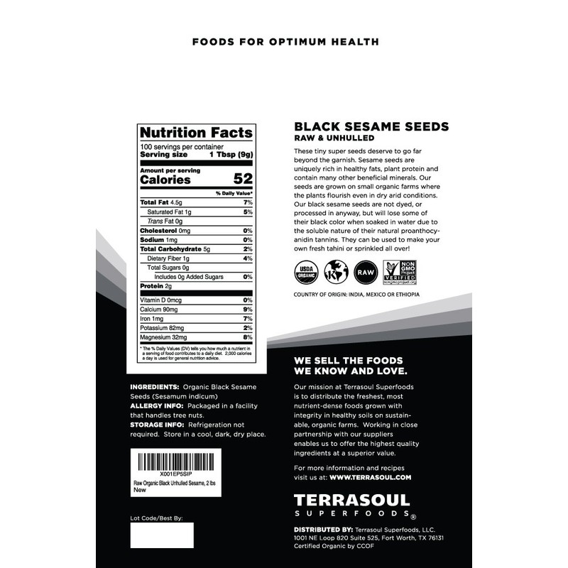 Terrasoul Superfoods Organic Black Sesame Seeds, 2 Lbs - Raw