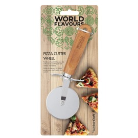 KitchenCraft World of Flavours Pizza Cutter Wheel with Hand Carved Wooden Handle, Stainless Steel, 19.5cm (7.5'')