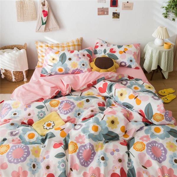 Teens Cotton Floral Duvet Cover Twin Yellow Pink Bedding Sets Twin 3 Pieces Duvet Cover Set Geometric Comforter Cover with 2 Pillow Shams for Kids Boys Girls Lightweight Soft Flowers Bedding