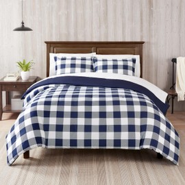 Serta Simply Clean Alex Soft 5 Piece Buffalo Check Plaid Bed in A Bag Complete Bedding Comforter Set with Sheets and Pillow Cases for All Season, Twin/Twin XL, Navy/White