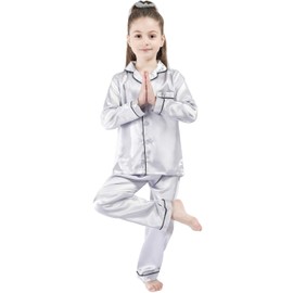 OEIU - Conjunto de pijama de satén sedoso para niños y niñas, conjunto de pijama con botones, ropa de dormir, plateado, 10-11 Años