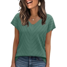 WIHOLL Womens Tops Cap Sleeve Basic Summer T Shirts V Neck Flowy Loose Fit Casual Business Work 2025 Short Sleeve Sweater Trendy Travel Holiday Outfits Dark Green 2XL