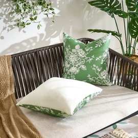 Outdoor Pillow Covers Forest Green Flower Decorative Pillows 18x18 Inch Waterproof Country Spring Throw Pillows Covers Set of 2 for Rattan Bench Sofa Living Room Couch Home Garden Camping Bedding