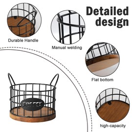 Gzsekken Coffee Pod Holder,Coffee Storage Basket for Counter Coffee Pod Storage with Rustic Wooden Base,Black Wire Coffee Storage Basket K Cup Holder,Coffee Bar, Coffee Station Organizer-2 Pack