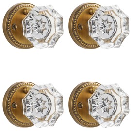 SORWDUERM 4 Pack Antique Brass Door Knobs Crystal Door Knob Interior Privacy Door Knob for Bedroom and Bathroom Glass Door Knob,Zinc Alloy
