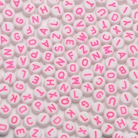Acrylic Letter Beads Alphabet Pink Letters White Round Bead, 4x7mm 1200pcs, for Friendship Bracelets and Gifts Souvenir Jewelry Making