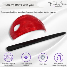 French Amie Oval Arch Handmade Ponytail Holder Hair Updo Bun Holder Cover Cap Hair Slide Pin Stick (Red)
