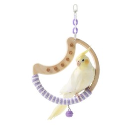 Tafit Parrot Perch Bird Cage Accessories Stand - Moon-Shaped with Bell & Cork, Wooden Swings Toy for Parakeets, Budgies, and Lovebirds (White + Purple)