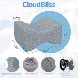 CloudBliss Knee Pillow for Side Sleepers - Cooling Leg Pillow for Side Sleeping, Memory Foam Knee Pillow for Hip Pain, Lower Back Pain, Sciatica Pain, Knee Wedge Pillow with Contour Design,Grey